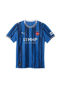Blå fodboldtrøje med lodrette marineblå striber, rund halsudskæring, korte ærmer og logoer for Puma og klubben.