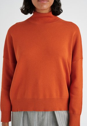 Vrouw in een verbrande oranje coltrui, gecombineerd met grijs gestreepte broek, gefotografeerd van schouders tot heupen tegen een witte achtergrond.