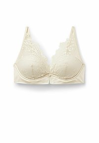 Lace bralette in crème met een soepele stofbasis, driehoekige cups en bloemenkantdetails bij de halslijn. Heeft een kleine knoopaccent.