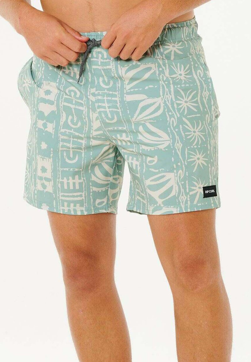 Lichtblauwe zwembroek met witte abstracte patronen, elastische tailleband, voorzakken en een zwart logo op de achterkant.