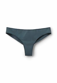 Dunkelgrüner Tanga aus glattem, dehnbarem Stoff. Verfügt über ein niedrig geschnittenes Design mit minimaler Abdeckung und elastischem Bund.