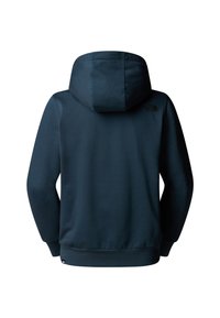 Marineblauwe hoodie gemaakt van zachte stof, met een trekkoordcapuchon, ribbelmanchetten, een ribbel taille en een klein zwart logo op de bovenrug.