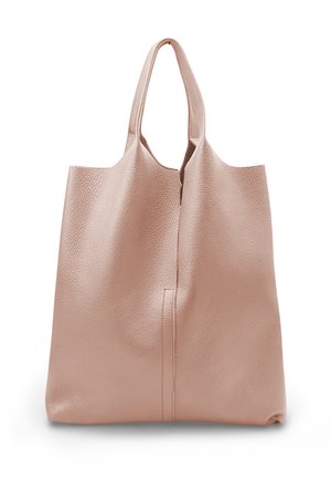Borsa tote in pelle rosa chiaro con due manici, superficie strutturata e design semplice senza cuciture su sfondo bianco.