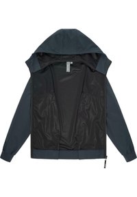 Marineblauwe capuchonjack met een rits aan de voorkant, lange mouwen en elastische manchetten. Het interieur heeft een zwarte voering en meerdere opbergzakken.