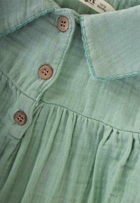 Il vestito di lino verde presenta un colletto, bottoni in legno e dettagli arricciati in vita. Le cuciture mettono in risalto i bordi del colletto.