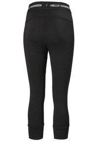 Černé legíny s přiléhavým střihem, vyrobené z pružného materiálu. Mají kontrastní bílý pás s textem značky "Helly Hansen".