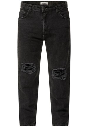 Schwarze Jeans aus Denim mit zwei aufgerissenen Knieflicken, geradem Beinschnitt und Standardtaschen mit einem Knopf- und Reißverschluss.