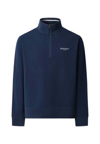 Sudadera de color azul marino con cuello alto, media cremallera en el frente y puños acanalados. Presenta el logotipo blanco "HACKETT" en el pecho. Textura suave.