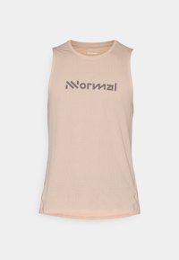 Helles beiges, ärmelloses Sport-Tanktop mit einem Karomuster und einem lila Logo auf der Vorderseite. Gerader Saum und seitliche Schlitze für mehr Flexibilität.
