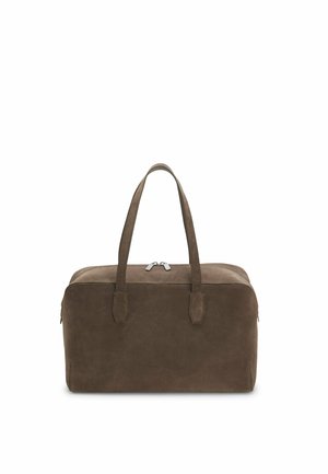 Brown leather duffel bag with two handles and a top zipper closure, shown against a plain white background.