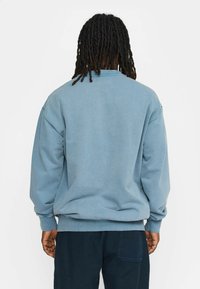 Lichtblauwe sweatshirt met lange mouwen, ribgebreide boorden en zoom, ruime pasvorm, zachte textuur. Achteraanzicht toont minimale details.