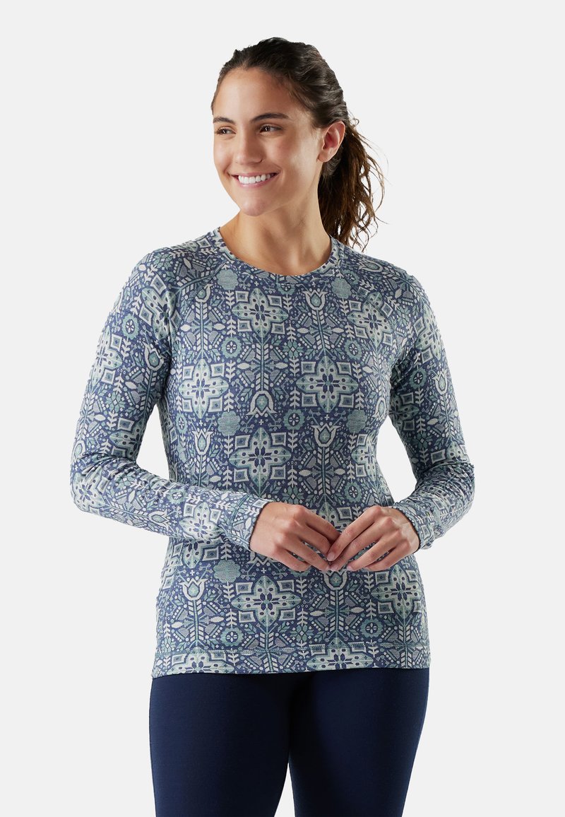 Long-sleeve performance top in a blue and green geometric pattern, featuring a rounded neckline and a comfortable fit.