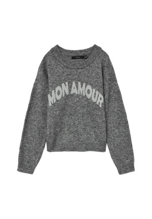 Grijze gebreide trui met een ronde hals, voorzien van de tekst "MON AMOUR" in lichter grijs over de borst. Verkorte en ontspannen pasvorm.