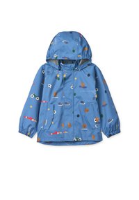 Veste imperméable bleu clair avec capuche, ornée de motifs ludiques imprimés d'équipements sportifs et d'animaux, et de poignets élastiques pour un ajustement confortable.