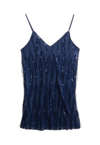 Navy blue sleeveless top with a V-neck, featuring layered fringe made of shiny sequins and delicate straps. Textured surface with shimmering accents.