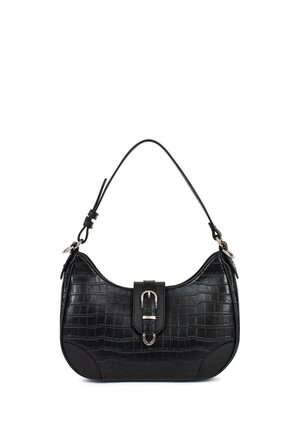 Sac à épaule en cuir noir avec texture crocodile, forme courbe, fermoir à boucle argentée et bandoulière réglable.