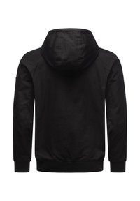 Svart huva jacka med en slät yta, med dragkedjestängning, elastiska ärmmuddar och midjeband, designad utan framdetaljer.