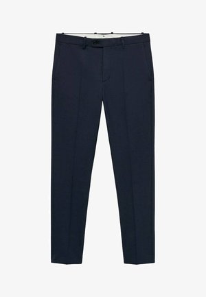Marineblaue Hose mit maßgeschneidertem Design, glatt im Griff, zwei seitlichen Taschen und einem einzigen Knopfverschluss am Taillenbund.