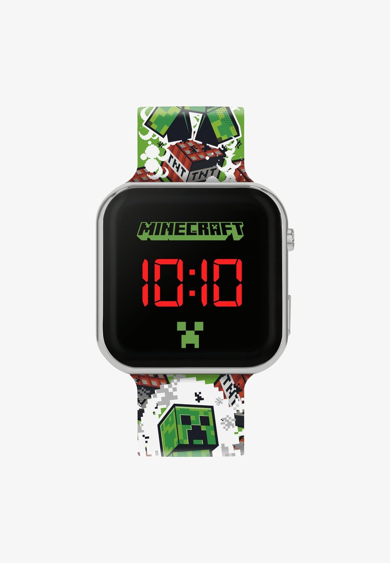 Orologio digitale con display LCD nero che mostra numeri rossi alle 10:10. Dotato di un cinturino multicolore con grafiche e motivi a tema Minecraft.
