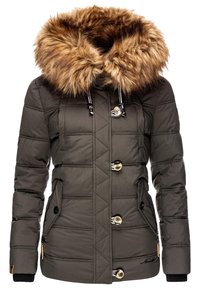 Veste rembourrée vert olive avec une grande capuche en fausse fourrure, des poches zippées et des boutons dorés, dotée d'un tissu matelassé pour assurer chaleur.