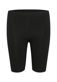 Cortos de ciclismo negros, ajustados, hechos de tejido elástico. Textura suave con una cinturilla ancha y sin costuras ni patrones visibles.