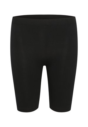 Shorts de cyclisme noirs, ajustés, en tissu extensible. Texture lisse avec une large taille et sans coutures ni motifs visibles.