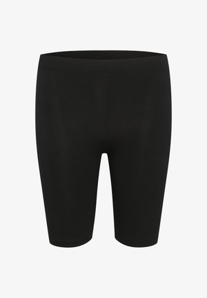 Crne, prilagođene biciklističke kratke hlače od rastezljivog materijala. Glatka tekstura s širokim pojasom i bez vidljivih šavova ili uzoraka.