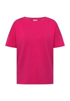 T-shirt rose vif à manches courtes avec encolure ronde, épaules tombantes et ourlet droit, présenté sur un fond blanc.