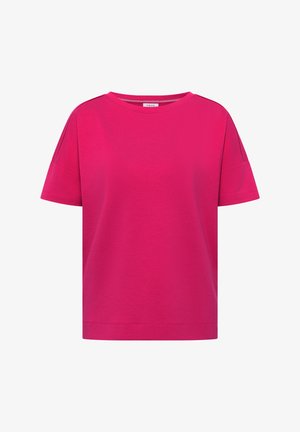 Hellrosa kurzärmeliges T-Shirt mit Rundhalsausschnitt, überschnittenen Schultern und geradem Saum, präsentiert vor weißem Hintergrund.