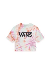 Afskåret kortærmet t-shirt i pastelfarvet tie-dye i pink, orange og grøn, med et markant sort "VANS" logo i midten.