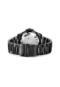Montre en métal avec un bracelet en acier inoxydable noir, un boîtier rond et un cristal saphir. Présente des maillons brossés et polis. Dos gravé.