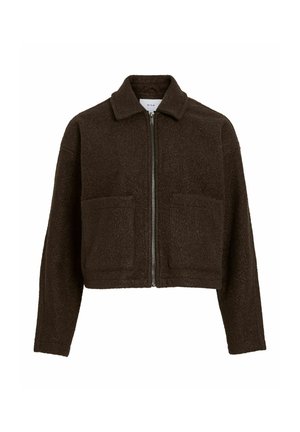 Mørkebrun cropped jakke i ullblanding med frontglidelås, store frontlommer med påsøm og klassisk krage.
