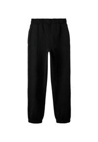 Sorte sweatpants lavet af blødt stof med elastisk talje og manchetter. Har sidelommer og et afslappet pasformdesign.