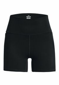 Černé elastické šortky s vysokým pasem, s hladkým povrchem a plochými švy pro pohodlí. Branding je zobrazen na pásku.