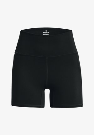 Schwarze elastische Shorts mit hoher Taille, mit glatter Textur und Flachnähten für Komfort. Branding auf dem Taillenbund angezeigt.