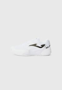 White athletic shoes with mesh upper, textured design, black accents, and logo detail on the heel. Rubber outsole for grip.