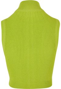 Jersey sin mangas en un vibrante verde lima con cuello alto y textura acanalada; cuenta con un diseño ajustado y sin cierres.