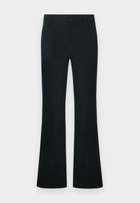 Pantalon noir taille haute avec jambes évasées, passants pour ceinture, et fermeture frontale dissimulée, présenté sur un fond uni.