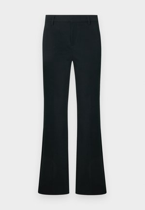 Pantalon noir taille haute avec jambes évasées, passants pour ceinture, et fermeture frontale dissimulée, présenté sur un fond uni.