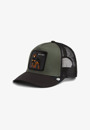 Green and black mesh trucker cap with a patch showing a Rottweiler dog and the text "BAD BOY" on the front.