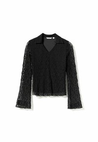 Čierny čipkový top s výstrihom do V, dlhými zvonovými rukávmi a tvarovaným golierom. Tkanina má kvetinový vzor a textúrovaný povrch.