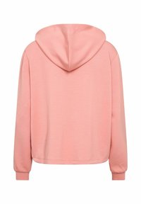 Lichtroze hoodie met lange mouwen, zachte textuur en een afgeronde zoom. Beschikt over een capuchon en ribgebreide manchetten voor extra comfort.