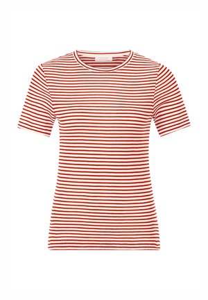 Red and white striped short-sleeve t-shirt with a round neckline and soft, cotton-like texture, featuring evenly spaced horizontal lines.
