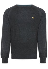 Dunkelgrauer gestrickter Pullover mit gerippten Bündchen und Saum, ausgestattet mit einem kleinen goldenen Emblem auf der Brust und einem blauen Akzent am Kragen.