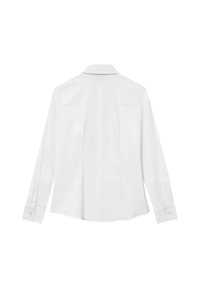 Camicia bianca a maniche lunghe con colletto, polsini con bottoni e spacco posteriore. Tessuto liscio e design semplice, senza alcun motivo o decorazione.
