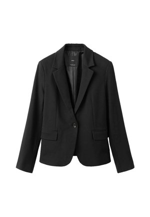 Schwarzer Blazer mit einem Knopf, mit Kantenrevers, zwei vorderen Pattentaschen und langen Ärmeln, präsentiert vor weißem Hintergrund.
