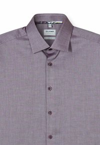 Purple checked dress shirt with a spread collar, five buttons, and a woven texture. Label reads "OLYMP Level 5 Body Fit."