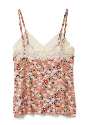 Bloemige camisole met kantafwerking, met een perzikachtergrond en een patroon van rode, roze en blauwe bloemen. Dunne verstelbare bandjes.
