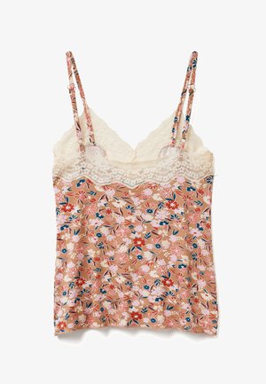 Květinový top s krajkovým lemem, se světle broskvovou základnou a vzorem červených, růžových a modrých květin. Tenká nastavitelné ramínka.