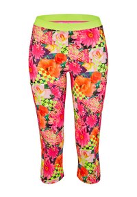 Leggings Capri avec un motif floral et géométrique vibrant en rose, orange et vert fluo, dotés d'une taille lisse et élastique.